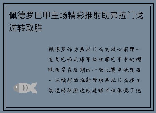 佩德罗巴甲主场精彩推射助弗拉门戈逆转取胜