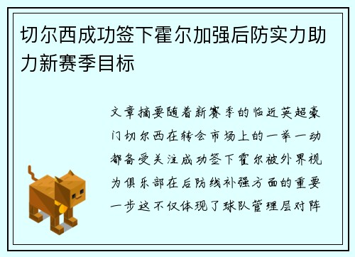 切尔西成功签下霍尔加强后防实力助力新赛季目标 切尔西成功签下霍尔加强后防实力助力新赛季目标
