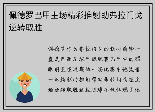 佩德罗巴甲主场精彩推射助弗拉门戈逆转取胜 佩德罗巴甲主场精彩推射助弗拉门戈逆转取胜